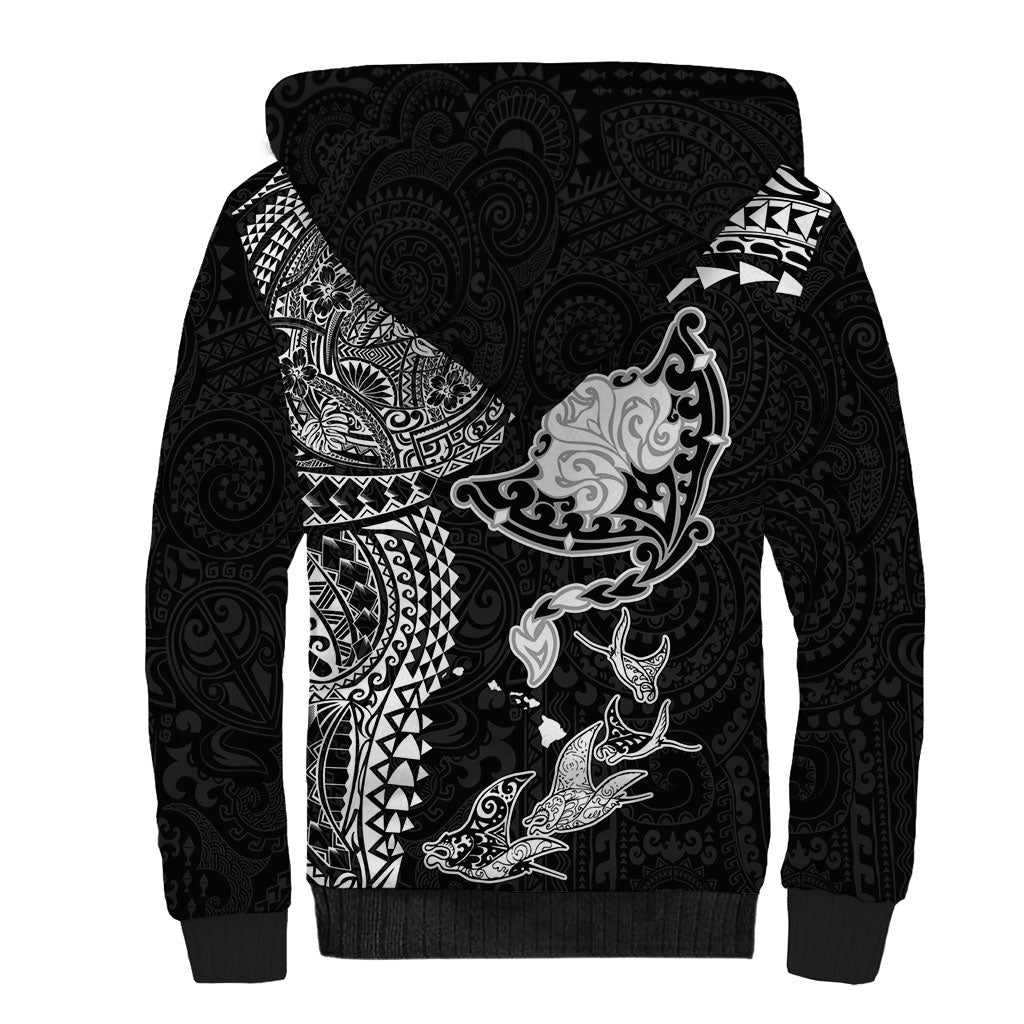 Hawaiian Manta Ray Tribal Sherpa Hoodie Polynesian Art Motifs Black Color LT03 - Polynesian Pride