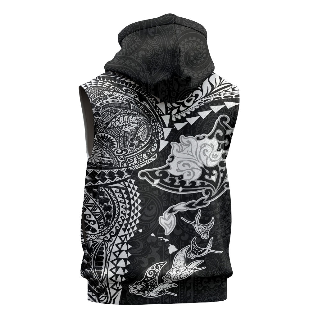 Hawaiian Manta Ray Tribal Sleeveless Hoodie Polynesian Art Motifs Black Color LT03 - Polynesian Pride