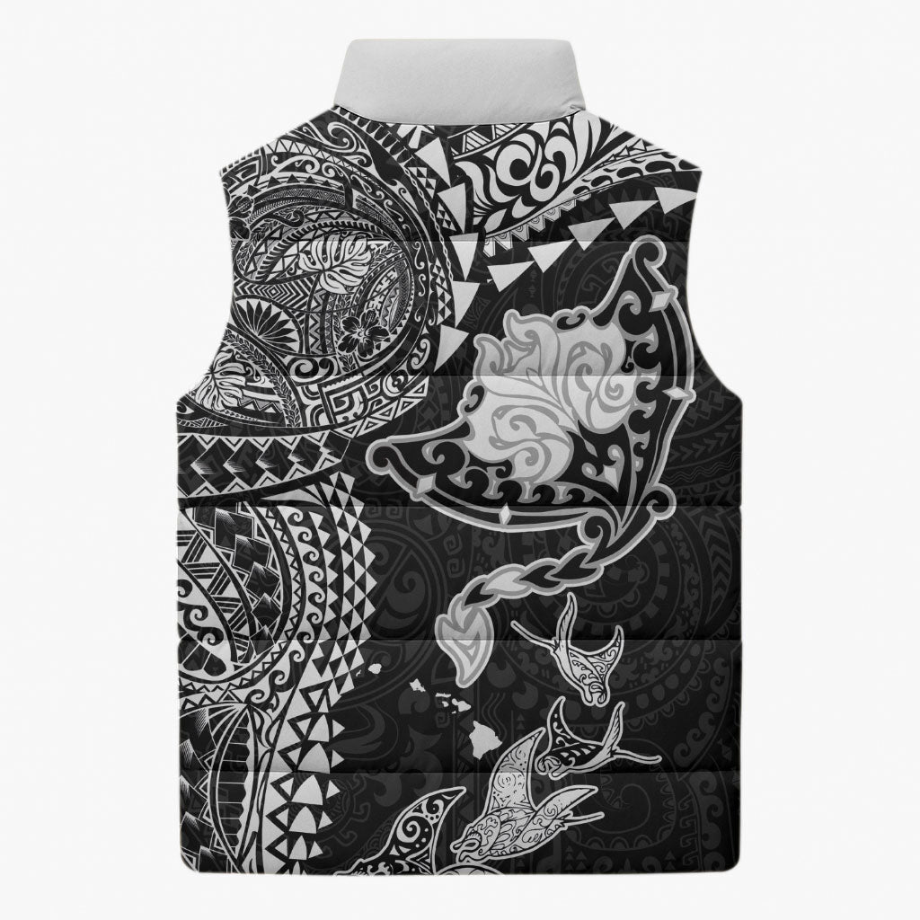 Hawaiian Manta Ray Tribal Sleeveless Puffer Jacket Polynesian Art Motifs Black Color
