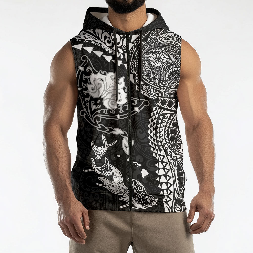 Hawaiian Manta Ray Tribal Sleeveless Zip Hoodie Polynesian Art Motifs Black Color LT03 - Polynesian Pride