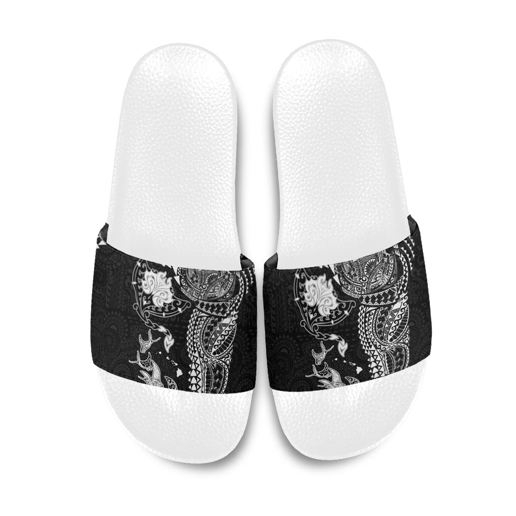 Hawaiian Manta Ray Tribal Slide Sandals Polynesian Art Motifs Black Color