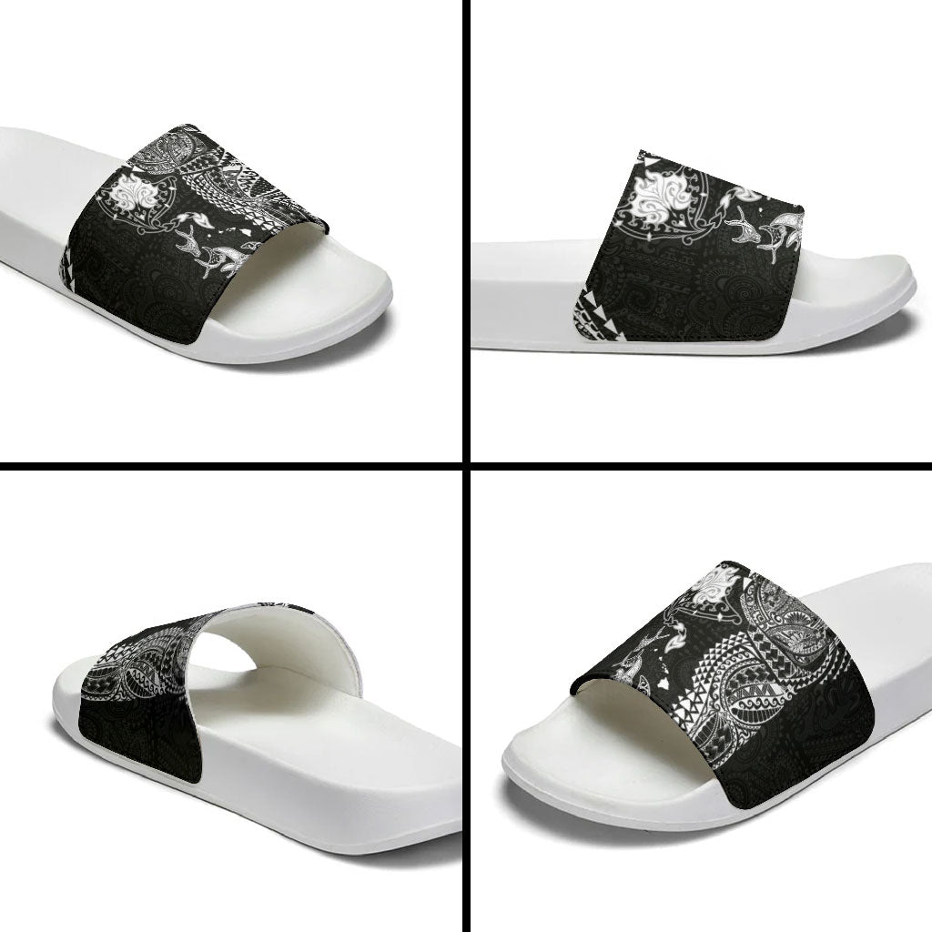 Hawaiian Manta Ray Tribal Slide Sandals Polynesian Art Motifs Black Color