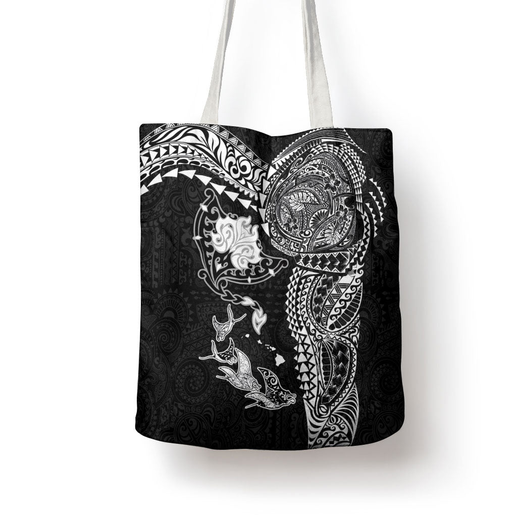 Hawaiian Manta Ray Tribal Tote Bag Polynesian Art Motifs Black Color