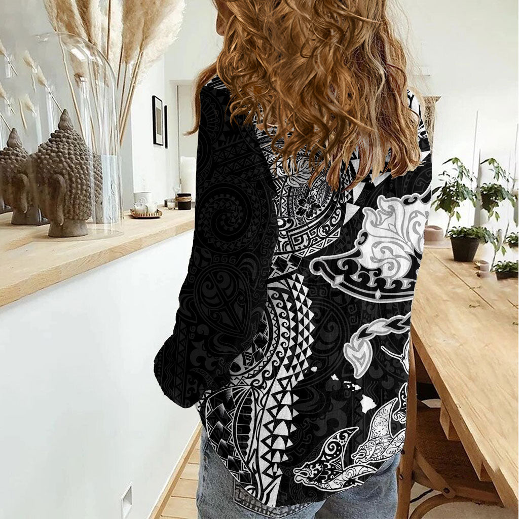 Hawaiian Manta Ray Tribal Women Casual Shirt Polynesian Art Motifs Black Color LT03 - Polynesian Pride