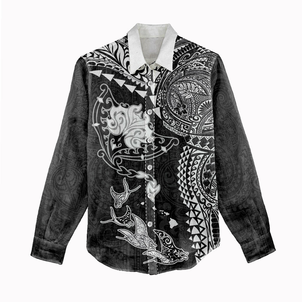 Hawaiian Manta Ray Tribal Women Casual Shirt Polynesian Art Motifs Black Color LT03 - Polynesian Pride