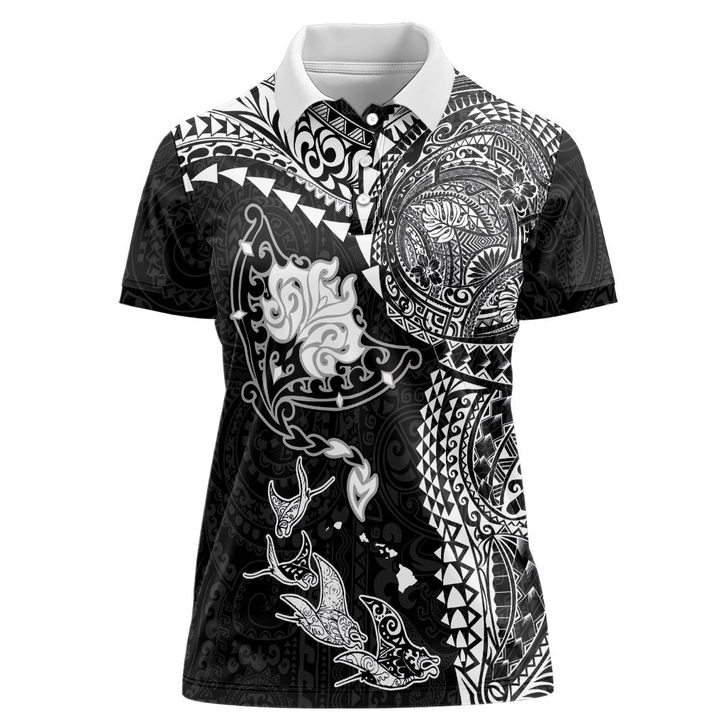 Hawaiian Manta Ray Tribal Women Polo Shirt Polynesian Art Motifs Black Color LT03 Female Black - Polynesian Pride