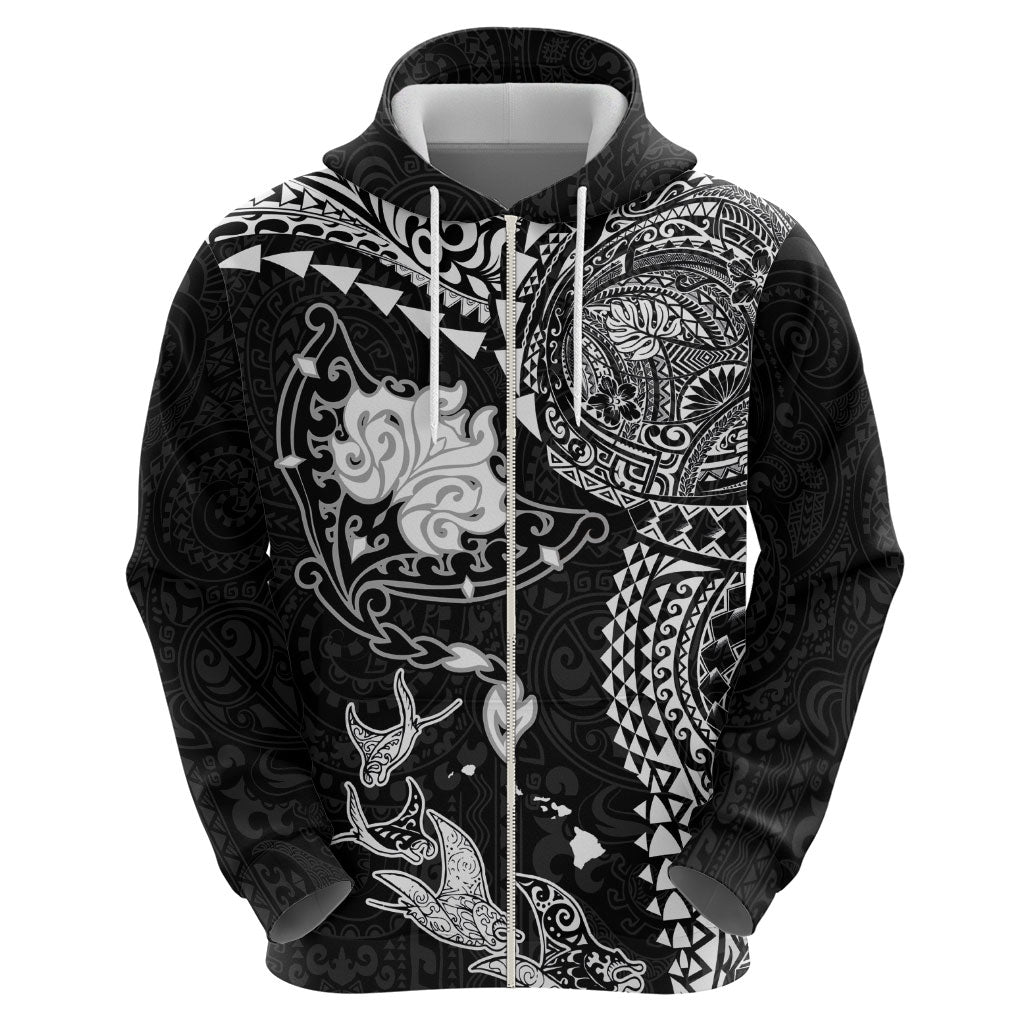 Hawaiian Manta Ray Tribal Zip Hoodie Polynesian Art Motifs Black Color LT03 - Polynesian Pride
