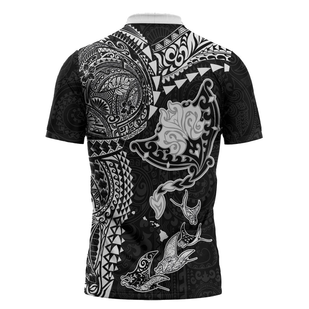 Hawaiian Manta Ray Tribal Zipper Polo Shirt Polynesian Art Motifs Black Color LT03 - Polynesian Pride