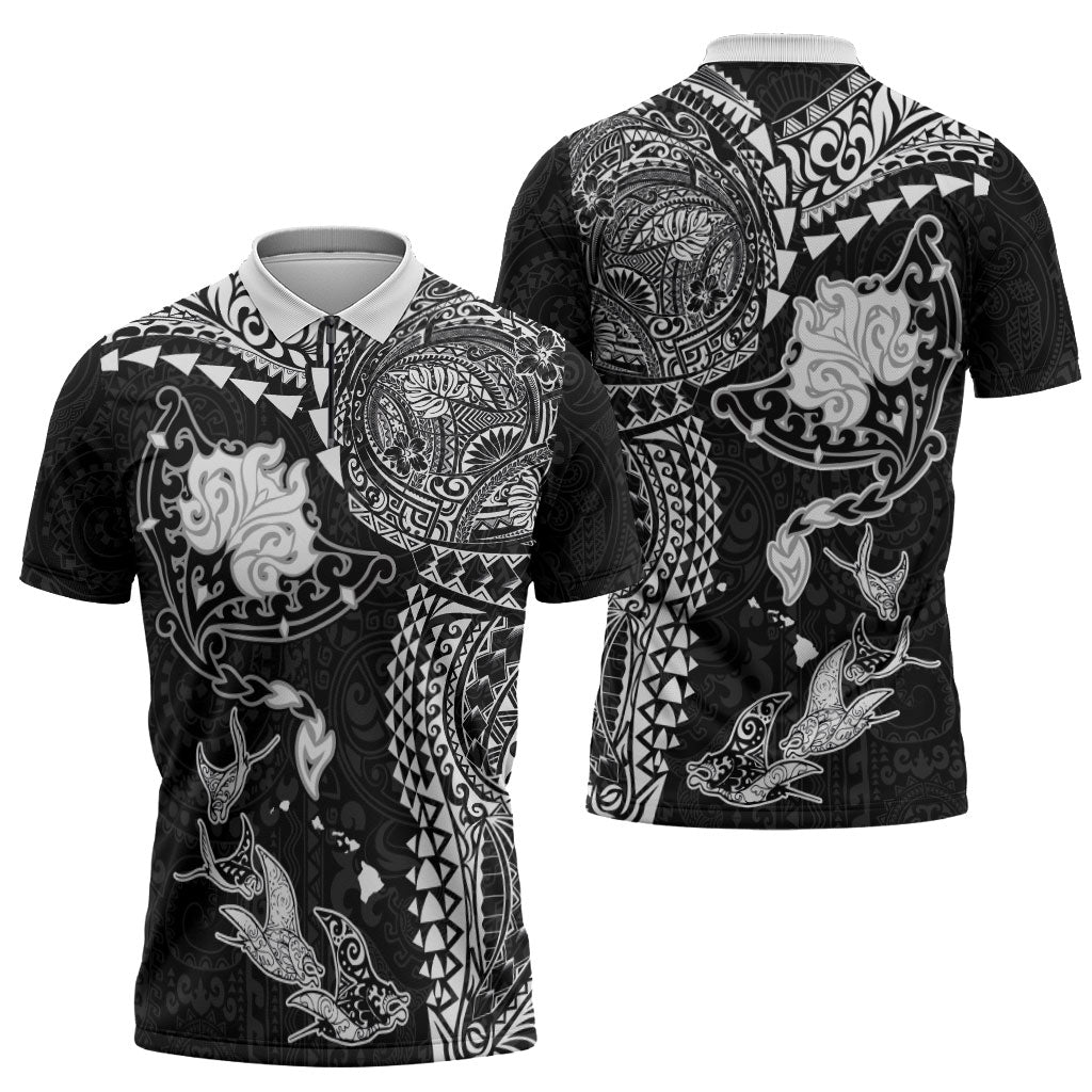 Hawaiian Manta Ray Tribal Zipper Polo Shirt Polynesian Art Motifs Black Color LT03 - Polynesian Pride