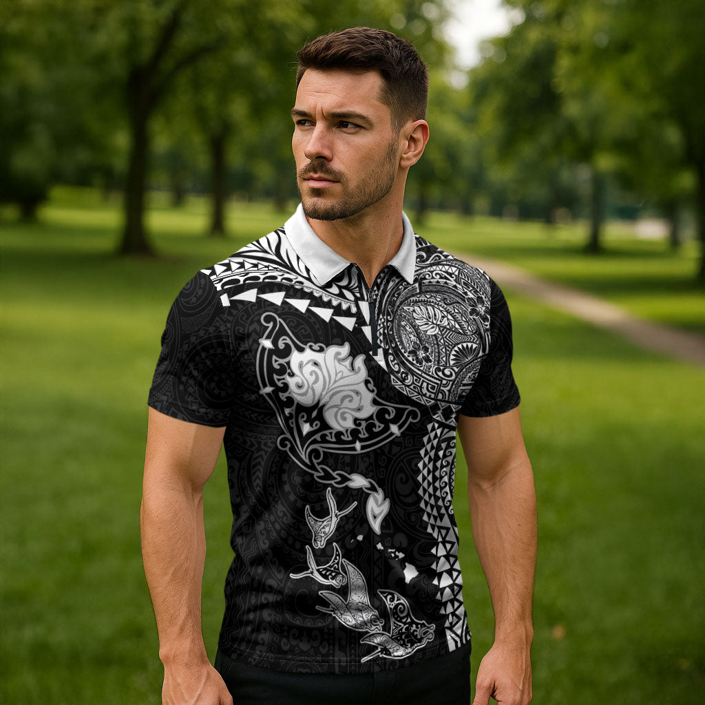 Hawaiian Manta Ray Tribal Zipper Polo Shirt Polynesian Art Motifs Black Color LT03 - Polynesian Pride