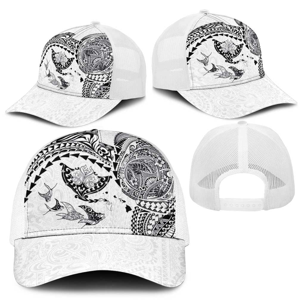 Hawaiian Manta Ray Tribal Baseball Net Cap Polynesian Art Motifs White Color