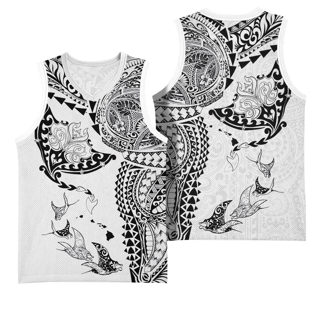 Hawaiian Manta Ray Tribal Basketball Jersey Polynesian Art Motifs White Color