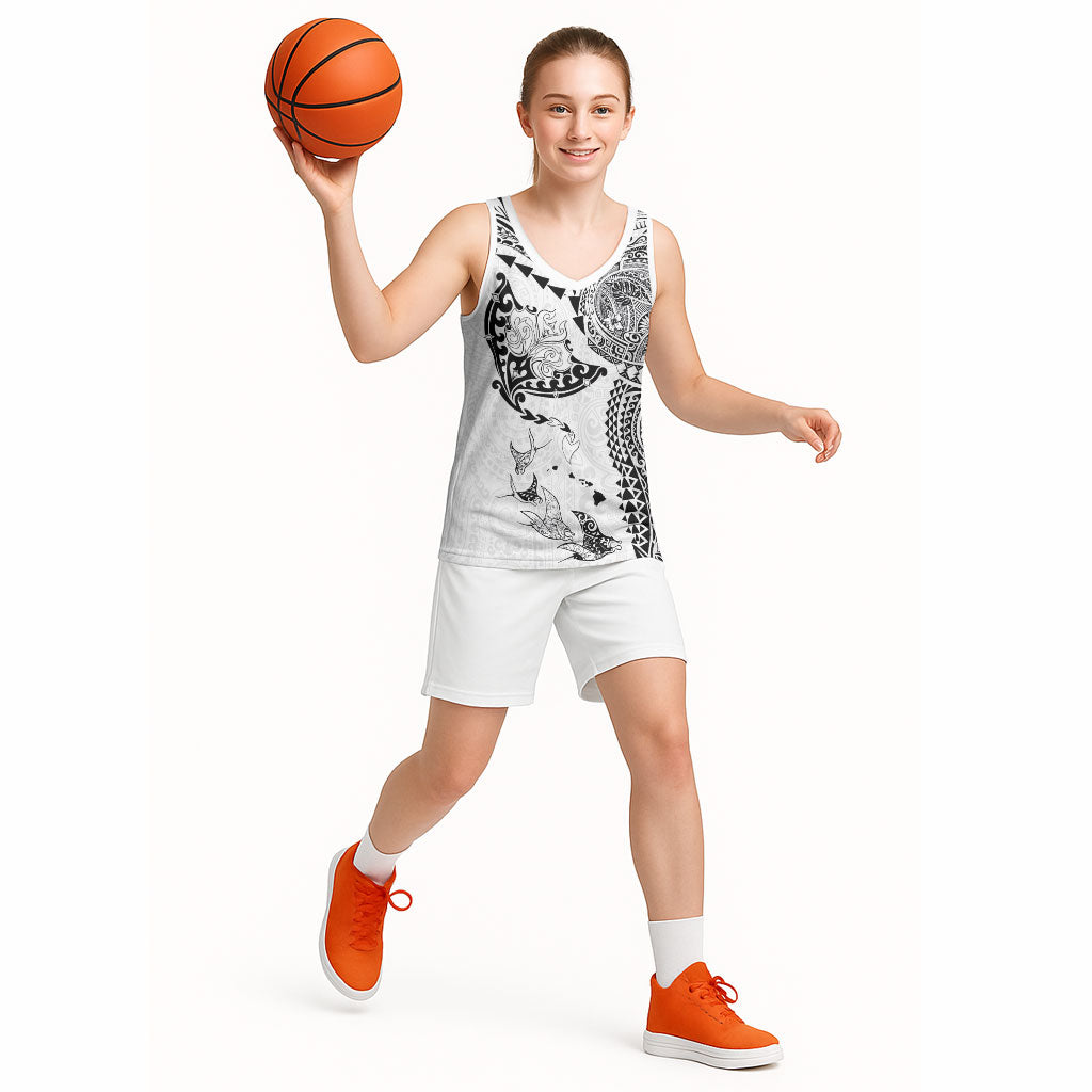 Hawaiian Manta Ray Tribal Basketball Jersey Polynesian Art Motifs White Color