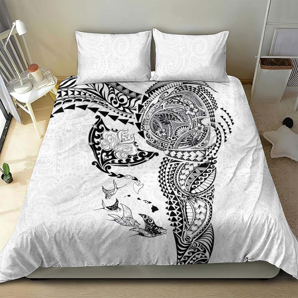 Hawaiian Manta Ray Tribal Bedding Set Polynesian Art Motifs White Color