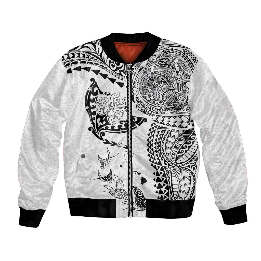 Hawaiian Manta Ray Tribal Bomber Jacket Polynesian Art Motifs White Color