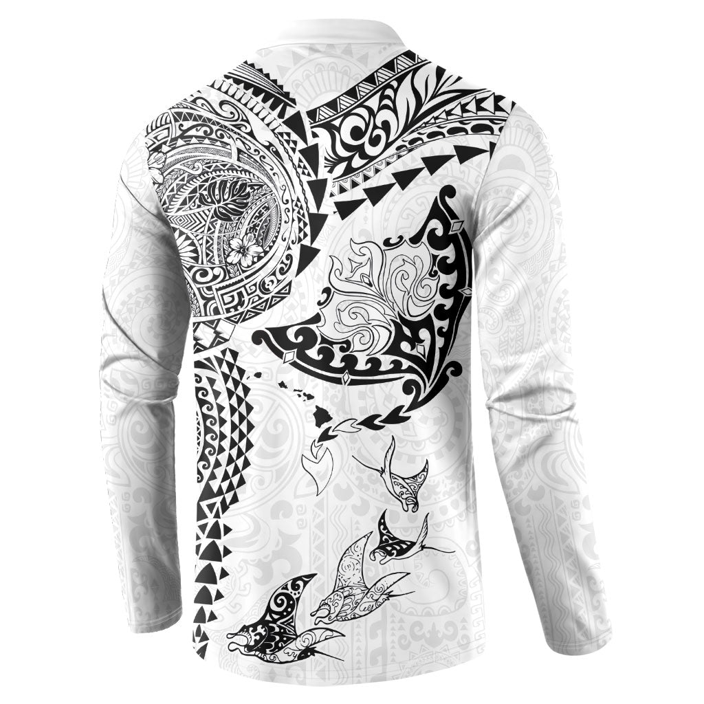 Hawaiian Manta Ray Tribal Button Sweatshirt Polynesian Art Motifs White Color
