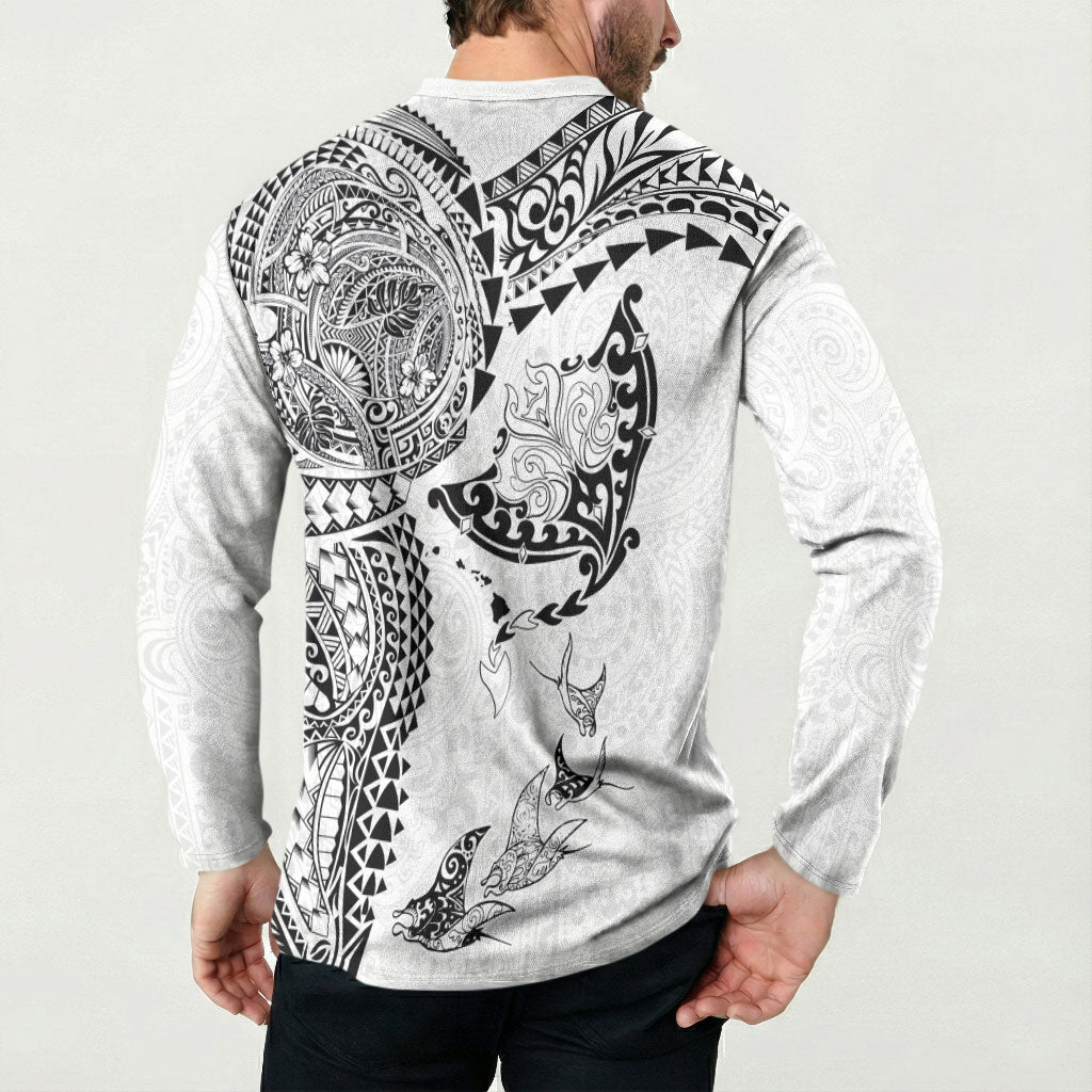 Hawaiian Manta Ray Tribal Button Sweatshirt Polynesian Art Motifs White Color