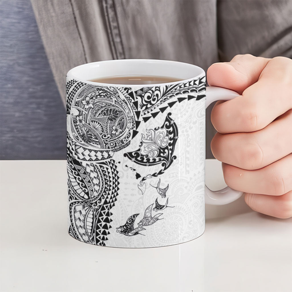 Hawaiian Manta Ray Tribal Ceramic Mug Polynesian Art Motifs White Color LT03 - Polynesian Pride