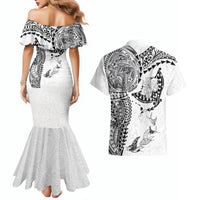 Hawaiian Manta Ray Tribal Couples Matching Mermaid Dress and Hawaiian Shirt Polynesian Art Motifs White Color LT03 - Polynesian Pride
