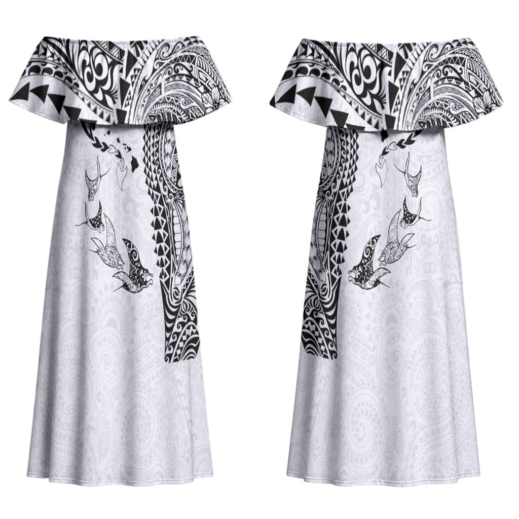 Hawaiian Manta Ray Tribal Couples Matching Off Shoulder Maxi Dress and Long Sleeve Button Shirt Polynesian Art Motifs White Color LT03 - Polynesian Pride