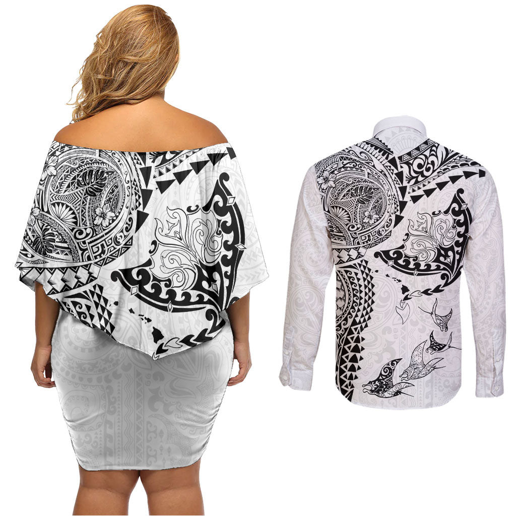 Hawaiian Manta Ray Tribal Couples Matching Off Shoulder Short Dress and Long Sleeve Button Shirt Polynesian Art Motifs White Color LT03 - Polynesian Pride