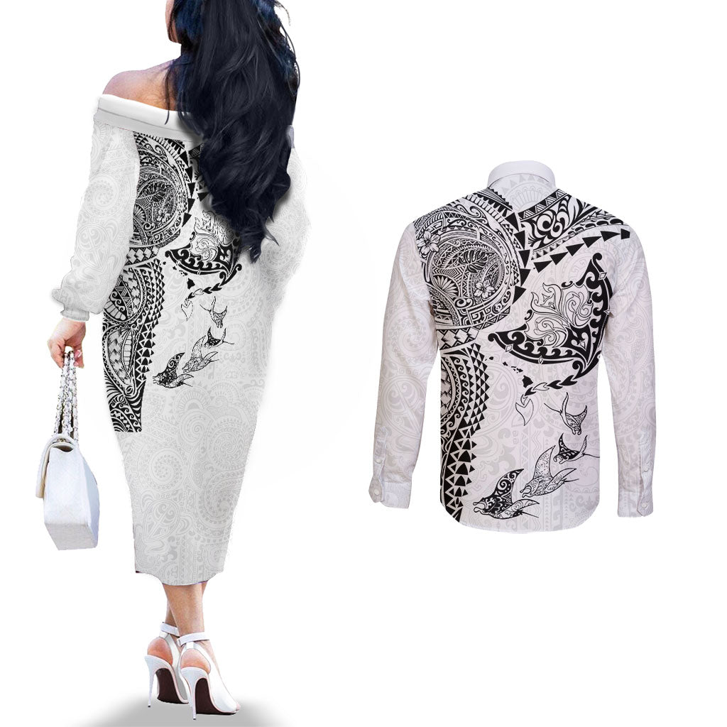 Hawaiian Manta Ray Tribal Couples Matching Off The Shoulder Long Sleeve Dress and Long Sleeve Button Shirt Polynesian Art Motifs White Color LT03 - Polynesian Pride