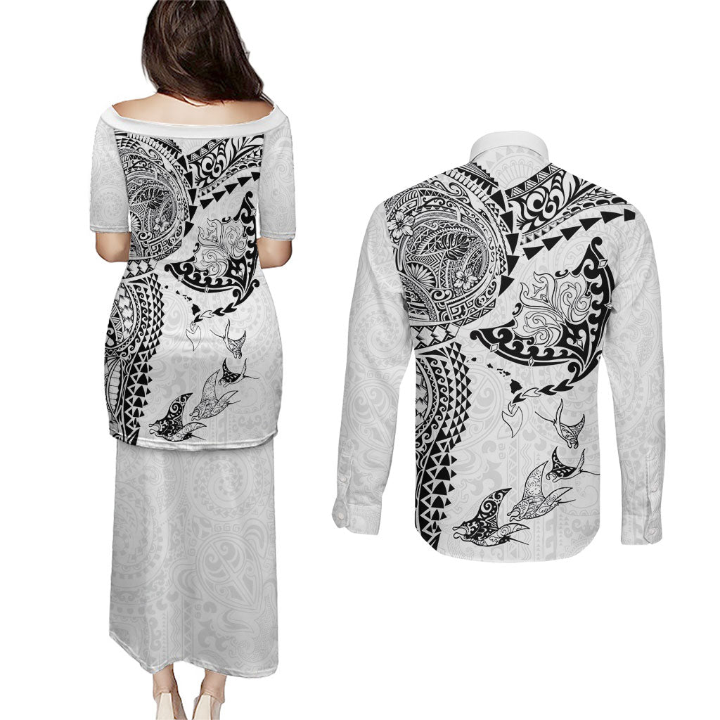 Hawaiian Manta Ray Tribal Couples Matching Puletasi and Long Sleeve Button Shirt Polynesian Art Motifs White Color LT03 - Polynesian Pride
