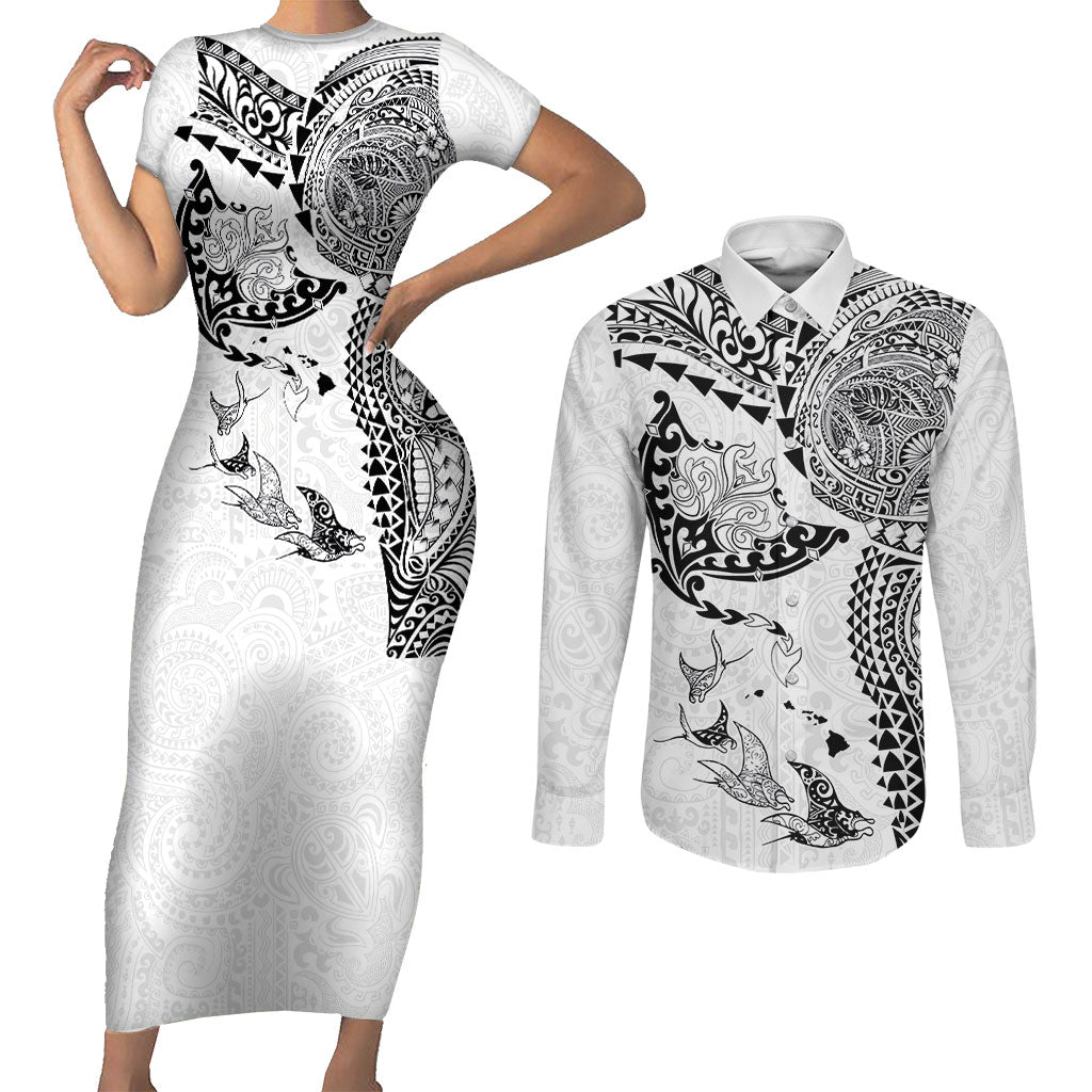 Hawaiian Manta Ray Tribal Couples Matching Short Sleeve Bodycon Dress and Long Sleeve Button Shirt Polynesian Art Motifs White Color LT03 White - Polynesian Pride