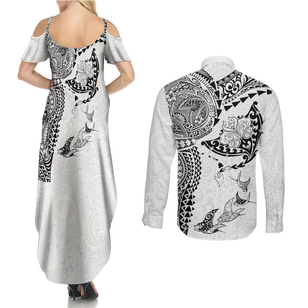 Hawaiian Manta Ray Tribal Couples Matching Summer Maxi Dress and Long Sleeve Button Shirt Polynesian Art Motifs White Color LT03 - Polynesian Pride