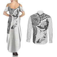 Hawaiian Manta Ray Tribal Couples Matching Summer Maxi Dress and Long Sleeve Button Shirt Polynesian Art Motifs White Color LT03 - Polynesian Pride