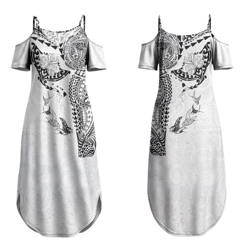 Hawaiian Manta Ray Tribal Couples Matching Summer Maxi Dress and Long Sleeve Button Shirt Polynesian Art Motifs White Color LT03 - Polynesian Pride
