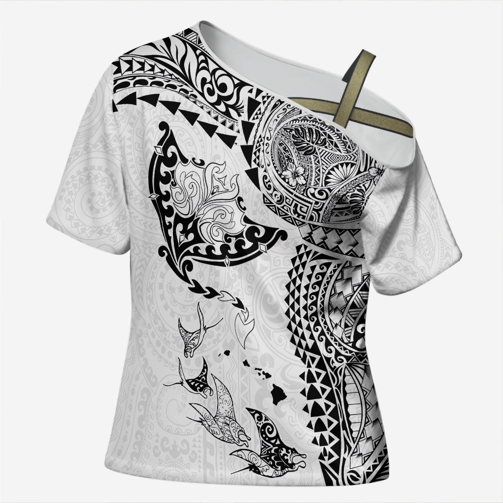 Hawaiian Manta Ray Tribal Cross Shoulder Shirt Polynesian Art Motifs White Color