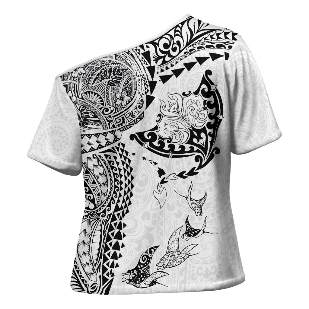 Hawaiian Manta Ray Tribal Cross Shoulder Shirt Polynesian Art Motifs White Color