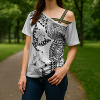 Hawaiian Manta Ray Tribal Cross Shoulder Shirt Polynesian Art Motifs White Color