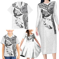Hawaiian Manta Ray Tribal Family Matching Long Sleeve Bodycon Dress and Hawaiian Shirt Polynesian Art Motifs White Color LT03 - Polynesian Pride