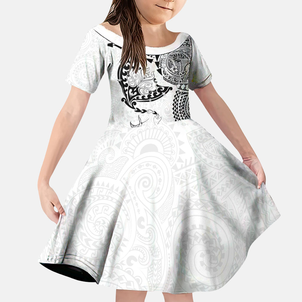 Hawaiian Manta Ray Tribal Family Matching Off The Shoulder Long Sleeve Dress and Hawaiian Shirt Polynesian Art Motifs White Color LT03 Daughter's Dress White - Polynesian Pride