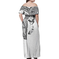 Hawaiian Manta Ray Tribal Family Matching Off Shoulder Maxi Dress and Hawaiian Shirt Polynesian Art Motifs White Color LT03 - Polynesian Pride
