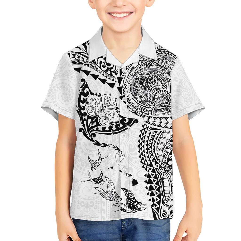 Hawaiian Manta Ray Tribal Family Matching Off Shoulder Short Dress and Hawaiian Shirt Polynesian Art Motifs White Color LT03 Son's Shirt White - Polynesian Pride
