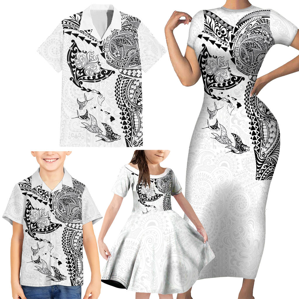 Hawaiian Manta Ray Tribal Family Matching Short Sleeve Bodycon Dress and Hawaiian Shirt Polynesian Art Motifs White Color LT03 - Polynesian Pride