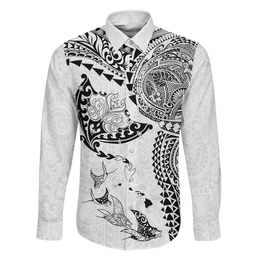 Hawaiian Manta Ray Tribal Family Matching Short Sleeve Bodycon Dress and Hawaiian Shirt Polynesian Art Motifs White Color LT03 Dad's Shirt - Long Sleeve White - Polynesian Pride