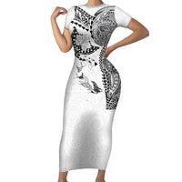 Hawaiian Manta Ray Tribal Family Matching Short Sleeve Bodycon Dress and Hawaiian Shirt Polynesian Art Motifs White Color LT03 Mom's Dress White - Polynesian Pride