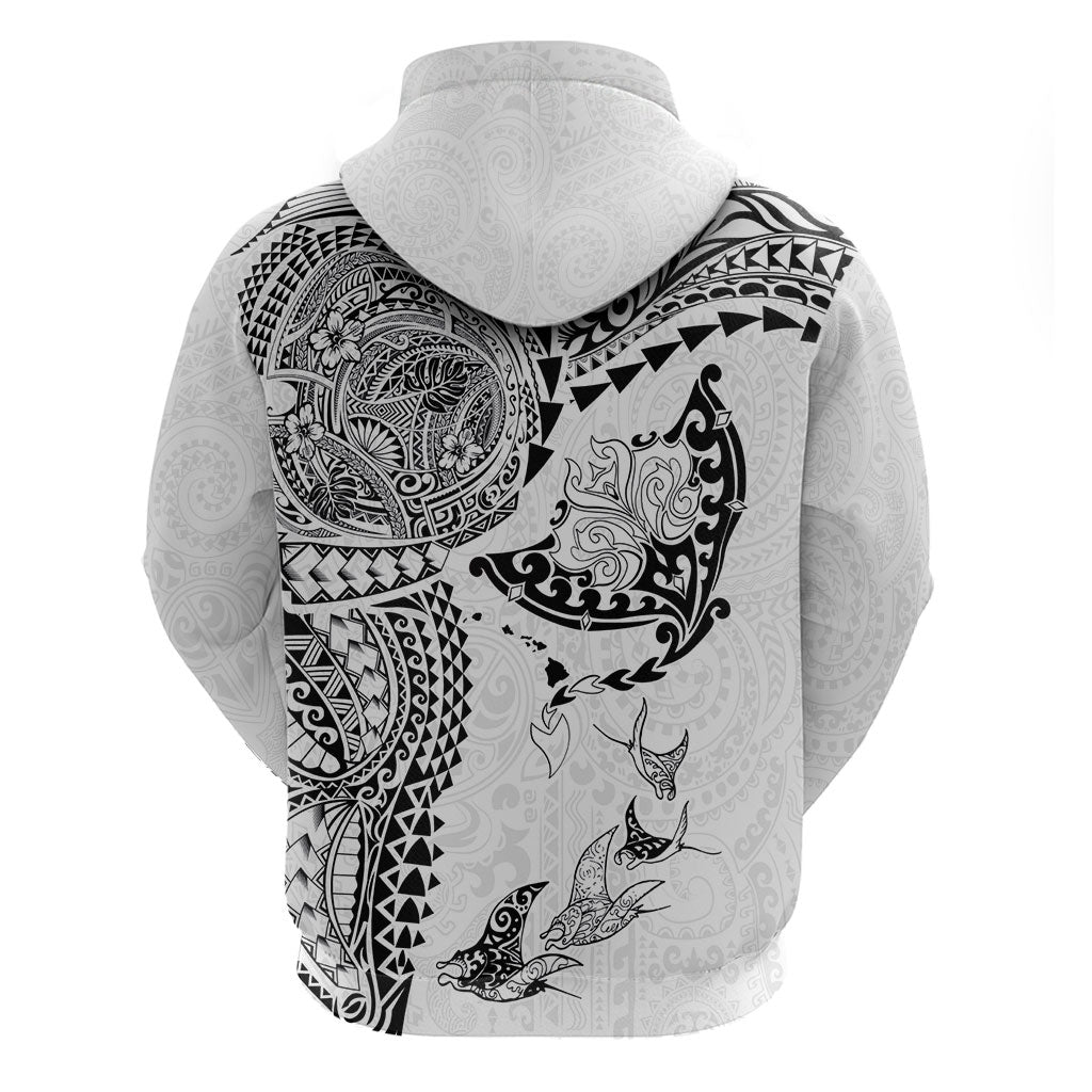 Hawaiian Manta Ray Tribal Hoodie Polynesian Art Motifs White Color