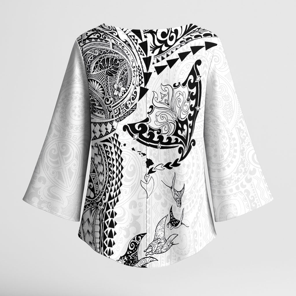 Hawaiian Manta Ray Tribal Kimono Sleeve Blouse Polynesian Art Motifs White Color