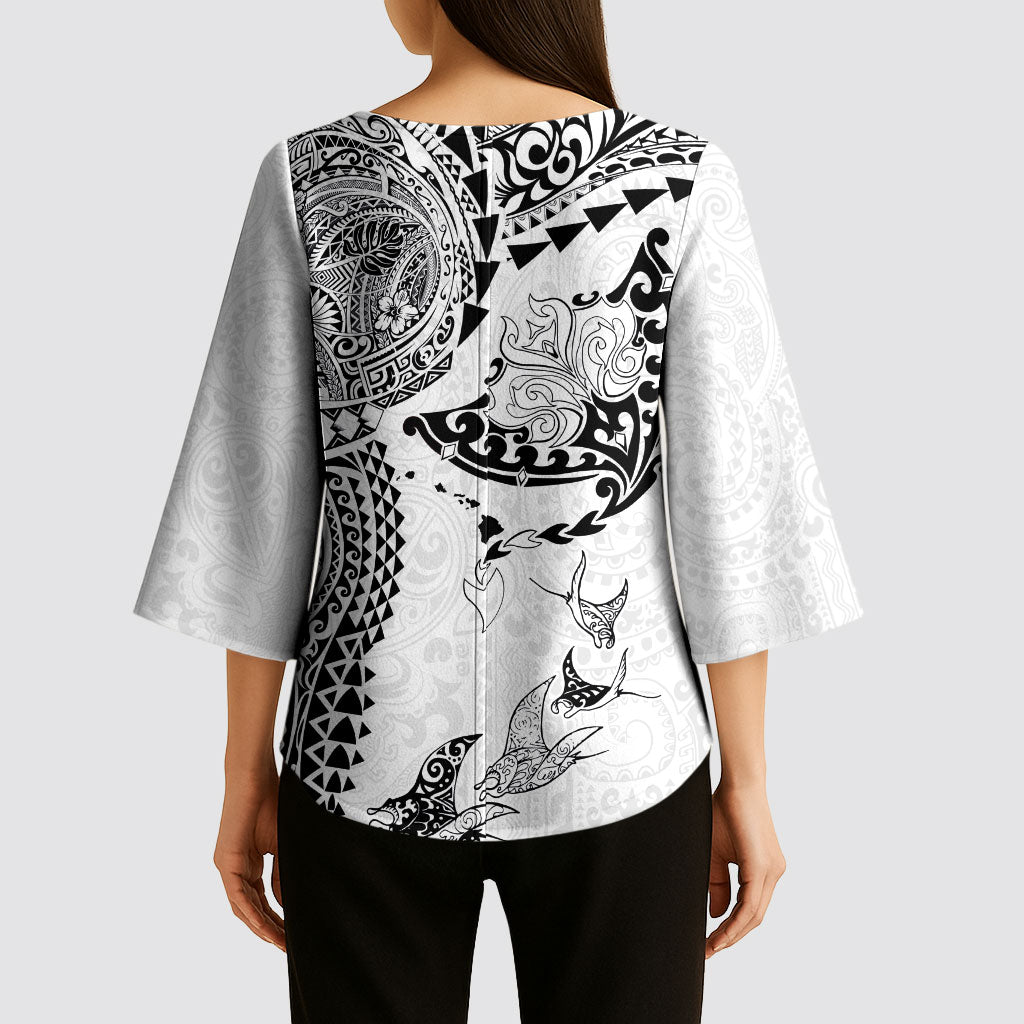Hawaiian Manta Ray Tribal Kimono Sleeve Blouse Polynesian Art Motifs White Color
