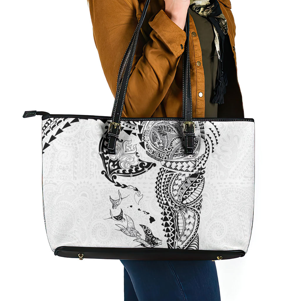 Hawaiian Manta Ray Tribal Leather Tote Bag Polynesian Art Motifs White Color