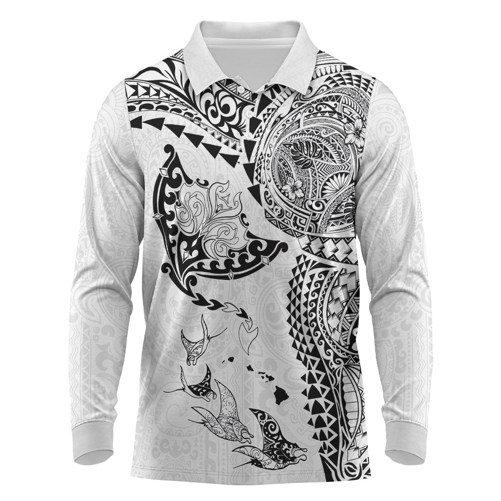 Hawaiian Manta Ray Tribal Long Sleeve Polo Shirt Polynesian Art Motifs White Color LT03 White - Polynesian Pride
