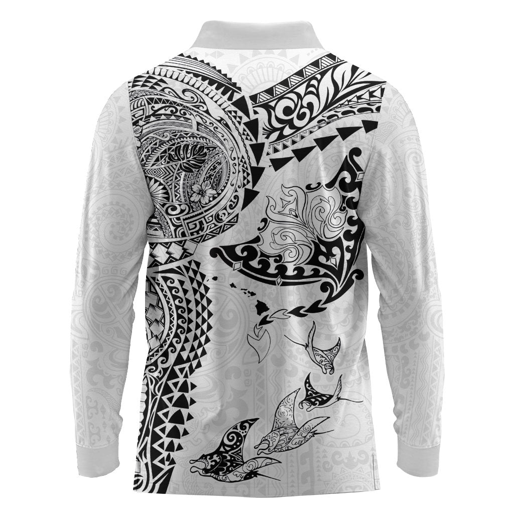 Hawaiian Manta Ray Tribal Long Sleeve Polo Shirt Polynesian Art Motifs White Color LT03 - Polynesian Pride
