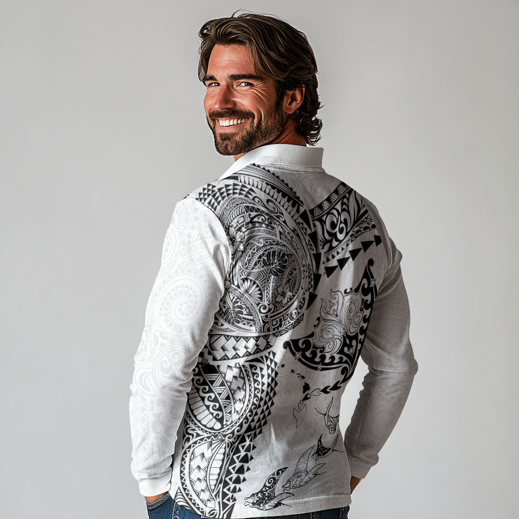 Hawaiian Manta Ray Tribal Long Sleeve Polo Shirt Polynesian Art Motifs White Color LT03 - Polynesian Pride