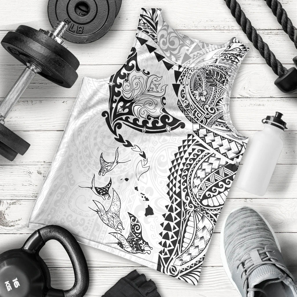 Hawaiian Manta Ray Tribal Men Tank Top Polynesian Art Motifs White Color