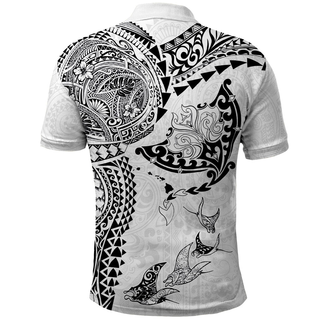 Hawaiian Manta Ray Tribal Polo Shirt Polynesian Art Motifs White Color